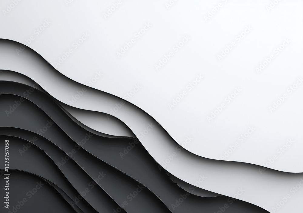 Poster abstract black and white layered waves, minimalist design with smooth curves, creating a sense of de