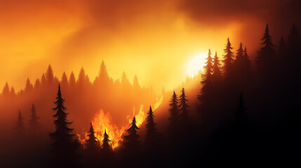 Obraz premium Forest Fire Consuming Trees at Sunset: Intense forest fire with flames engulfing trees, casting an orange glow as the sun sets in the background.