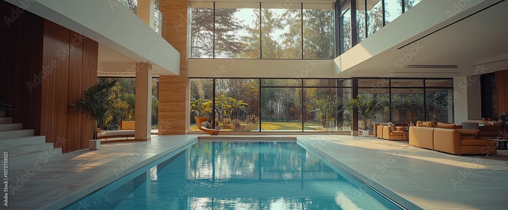 Poster indoor pool in a modern house with large windows and a view of the garden.