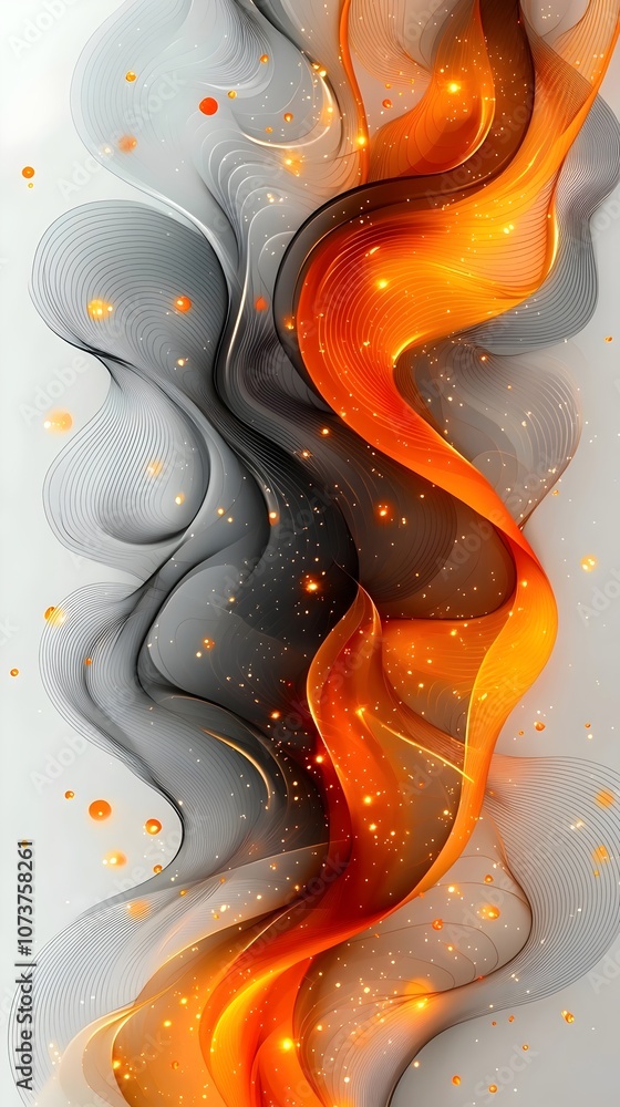 Poster a dynamic abstract design featuring fluid wavy lines in shades of orange and gray, filled with spark