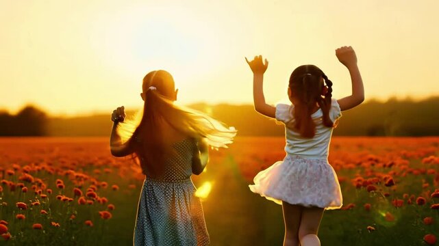 Silhouetted children hold hands, walking in a field at sunset. The golden light creates a sense of unity and warmth, evoking themes of friendship and freedom.