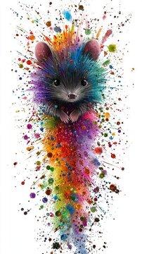   A vibrant painting showcases the animal's expressive face and playfully splattered backhead in brilliant colors