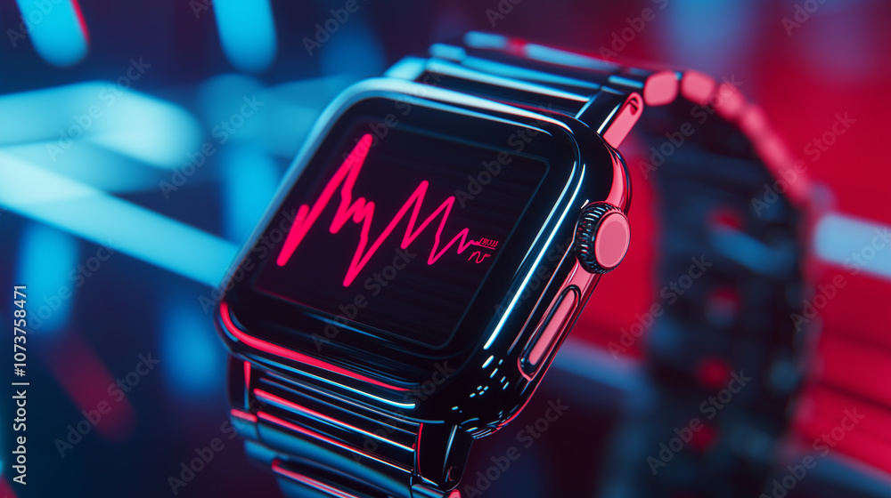 Poster smartwatch with heartbeat display: stylish smartwatch showing heartbeat rate on screen, illuminated 