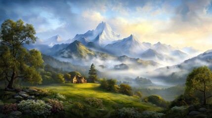 Fototapeta premium Wide-Angle Alpine Landscape with Wildflowers on Green Slope Field Misty Mountains and Warm Sun Glow in Cloudy Sky