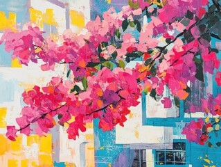 Bougainvillea plant in full bloom adorned with vibrant pink flowers set against a backdrop of contemporary architecture