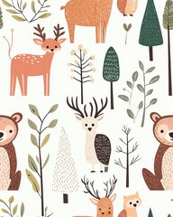 seamless pattern design cute pastel illustration animal, Cute forest animals with trees and foliage.