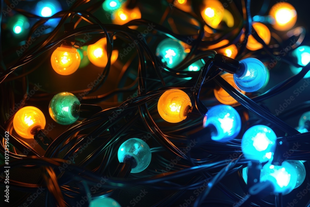 Poster a vibrant display of colorful, glowing lights intertwined against a dark background, creating a fest