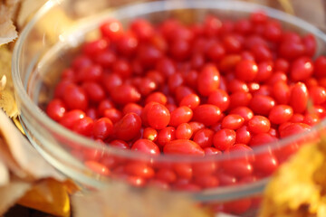 Red goji berries in a glass bowl