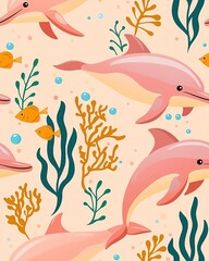 Obraz premium seamless pattern design cute pastel illustration animal, Colorful dolphin pattern with sea plants.
