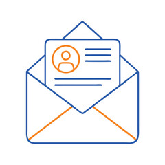 Open email icon with contact card insert, Vector illustration of an open email envelope displaying a contact card with profile details. Ideal for email communication, user information, and messaging i