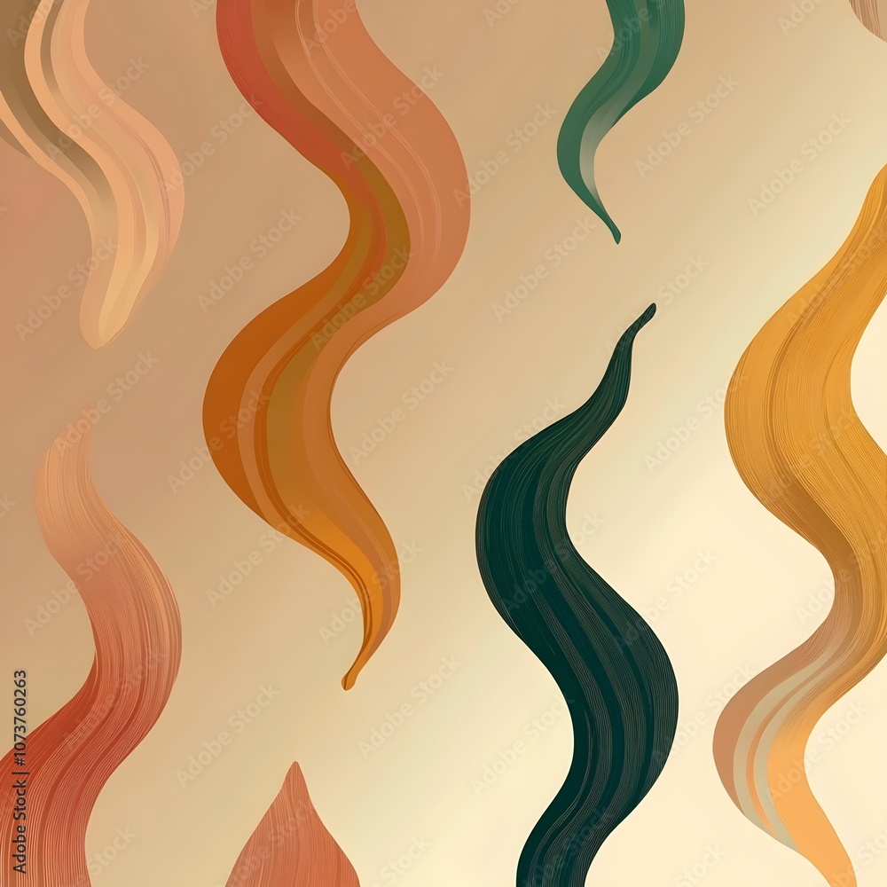 Poster an abstract design featuring flowing wave-like patterns in warm tones of orange, brown, and green ag