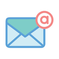 Email icon with at symbol notification badge, Vector illustration of an email icon featuring a red notification badge with an "at" symbol. Ideal for email alerts, messaging apps, and communication int