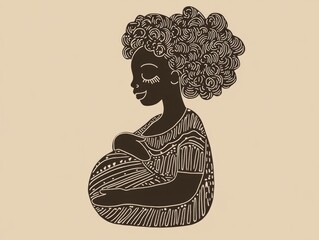 Doodle of a relaxed pregnant woman with curly hair eyes closed and smiling embodying the joy of impending motherhood in a simple cartoon linear style vector illustration