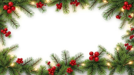 Seamless christmas border with coniferous branches, garlands, lights, garlands, festive