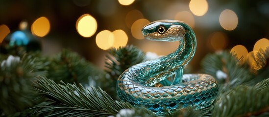 Fototapeta premium Green glass snake sits on pine branches with Christmas lights in the background. Left side is blank for text. Scene includes red ornaments, soft snow, and holiday glow on pine needles. Greeting card