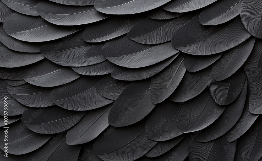 Poster black feathers texture: close-up texture of layered black feathers, showing intricate details and na