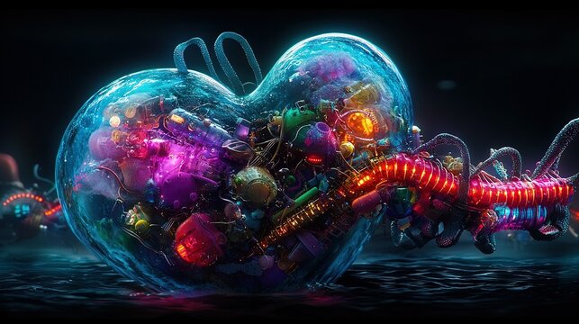   A computer-generated image featuring a heart with a worm inside, surrounded by various objects