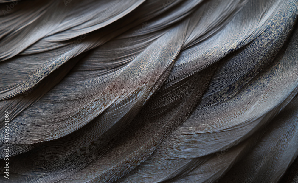Poster black feathers texture: close-up texture of layered black feathers, showing intricate details and na