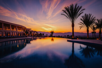 Obraz premium Hôtel de luxe avec piscine, terrasse et palmiers au coucher du soleil