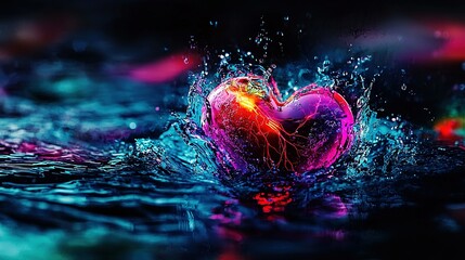   A heart-shaped object floats on water, with a splash on top