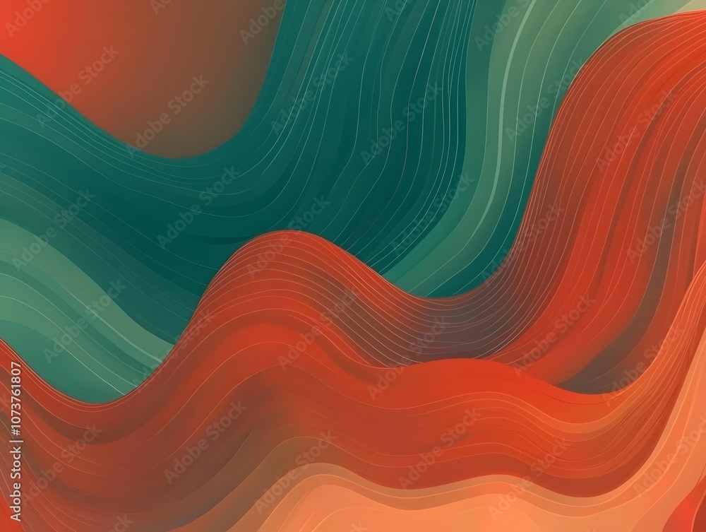 Poster an abstract illustration featuring flowing waves in vibrant shades of red and green, creating a dyna