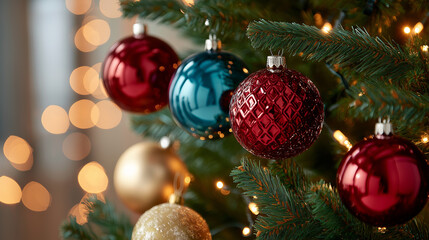 Naklejka premium Decorated Christmas tree with colorful ornaments, frosted branches, and warm bokeh lights in the background.