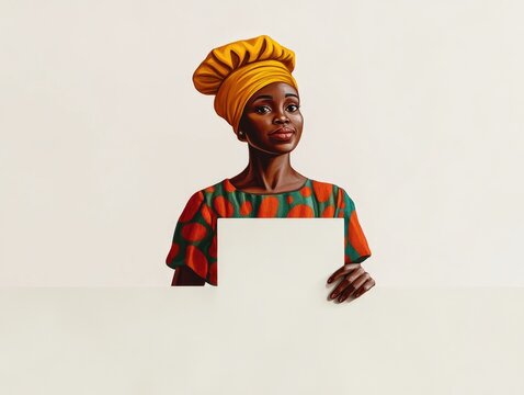 Female Chef Holding Empty Sign Against a White Background