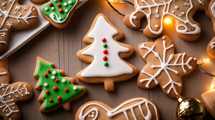Festive Christmas cookies decorated with icing in various holiday shapes, surrounded by warm string lights.