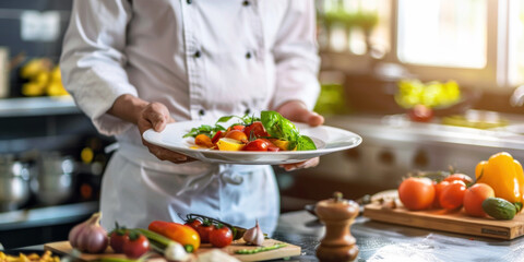 The chef skillfully holds a large plate filled with fresh salad, including vibrant greens and ripe tomatoes. The kitchen is lively, filled with fresh produce and cooking tools,