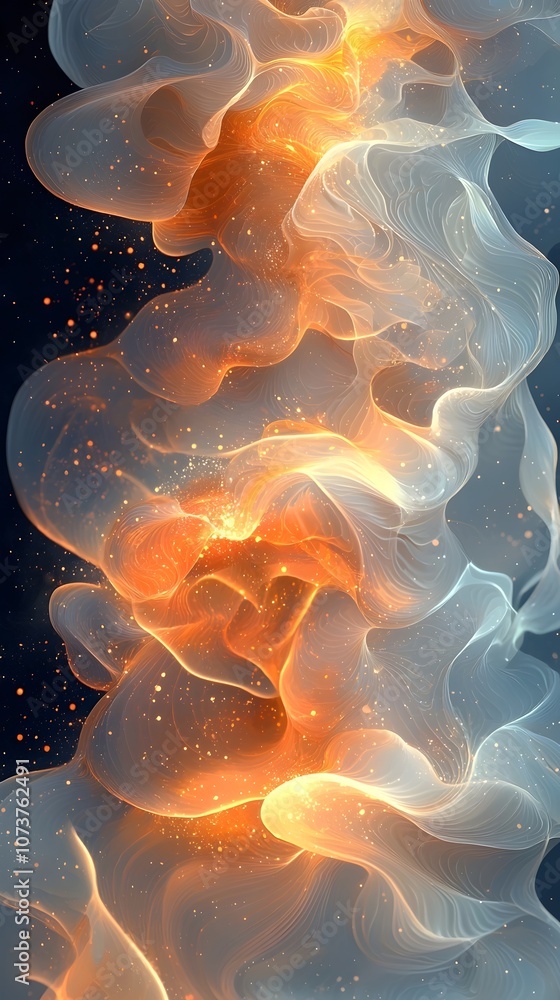 Poster an abstract representation of swirling, translucent smoke in shades of orange and blue, creating a d