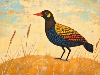 Yellow necked Francolin Spurfowl perched on dry grass in a savannah landscape