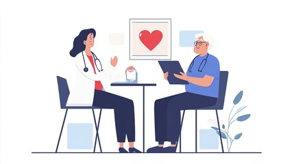 Doctor and patient discussing health with heart poster background.