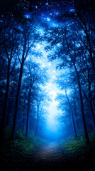 Fototapeta premium Mysterious blue forest pathway illuminated by soft light, surrounded by tall trees and a starry sky above, creating a tranquil and enchanting atmosphere.