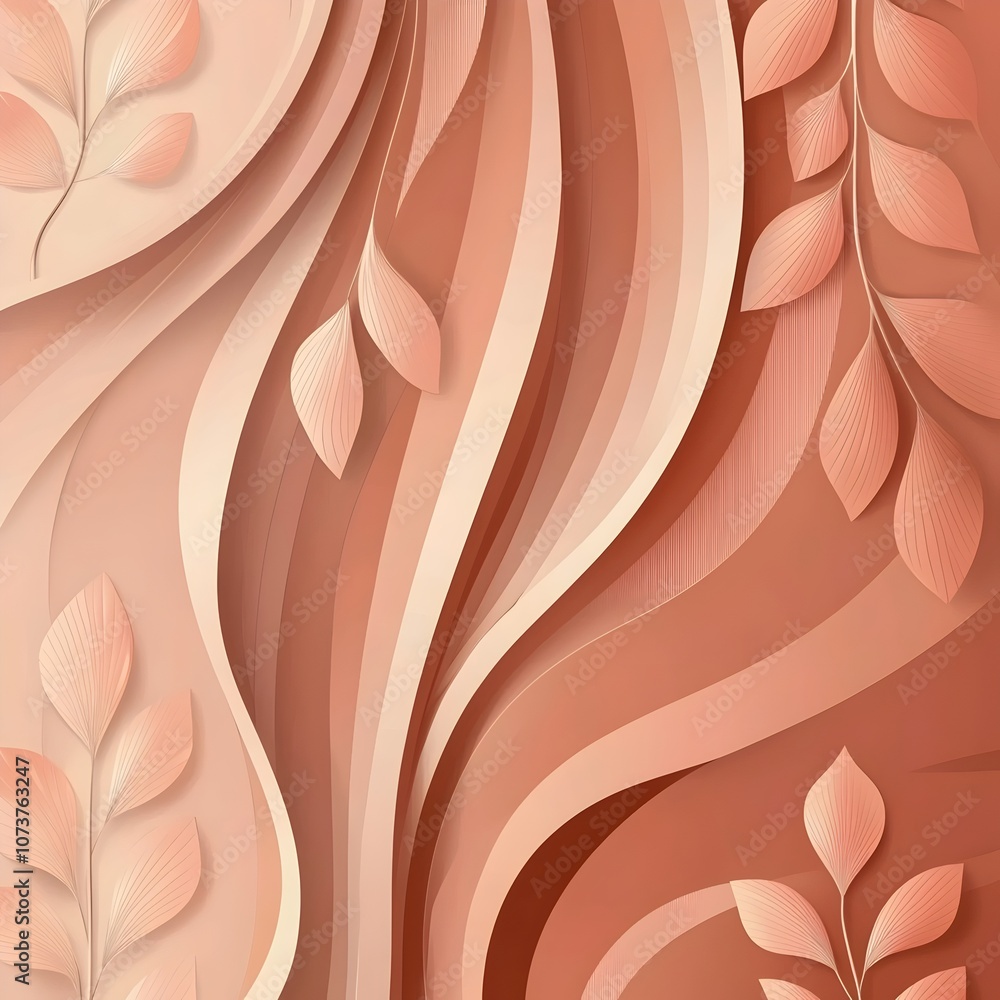 Poster a serene abstract background featuring soft waves and delicate leaves in warm peach and coral tones,