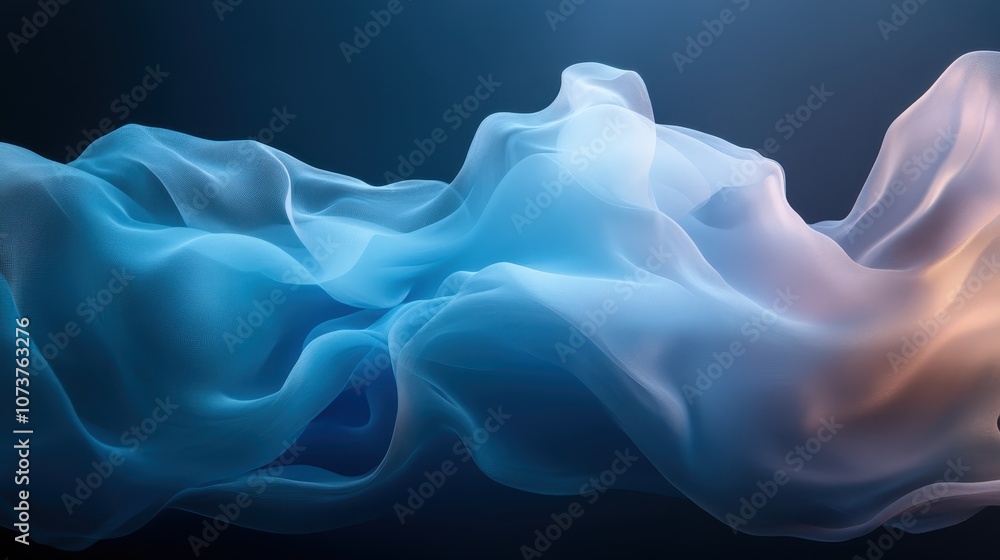 Poster a dynamic image showcasing smooth flowing blue and white fabrics that create an abstract wave-like p