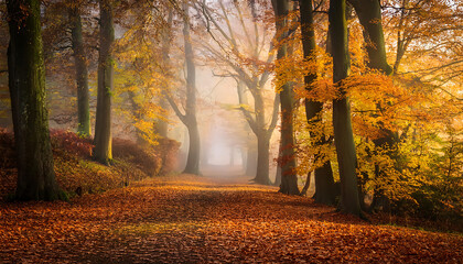 Fototapeta premium A misty forest path is flanked by trees with leaves in hues of gold and russet, litteri_1(138)