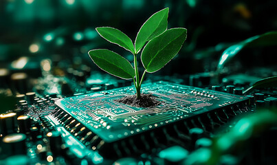 Innovative technology meets sustainability with a young plant thriving from a circuit board.