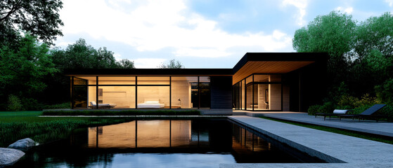 Fototapeta premium Modern architectural masterpiece featuring sleek design, large glass windows, and serene outdoor landscape, reflecting on still water during twilight.