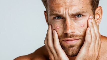 Fototapeta premium A man with freckles and a beard holds his face with both hands, appearing thoughtful and deeply in contemplation, set against a plain white background.