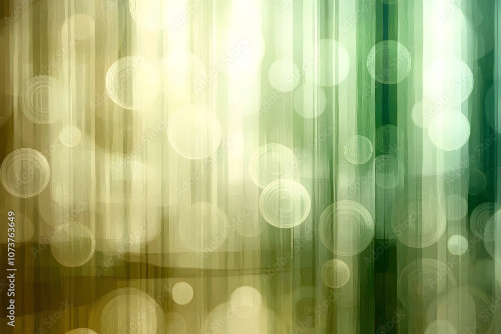 Poster abstract background with vertical lines and soft, blurred bokeh circles in shades of green and gold,