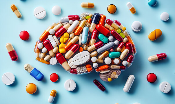 Artistic depiction of human brain made from assorted medication pills.