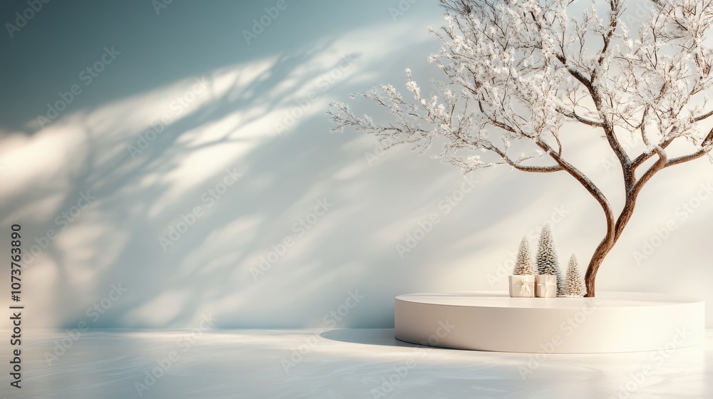 Poster a minimalist design features a white tree with delicate branches on a circular platform, accompanied