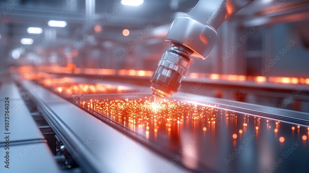 Poster an advanced tech arm orchestrates dazzling sparks as it works on an illuminated assembly line, showc