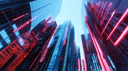 Stock market data with red and blue financial graphs on a digital screen in a cityscape background.