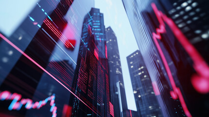 Stock market data with red and blue financial graphs on a digital screen in a cityscape background.