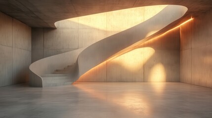 Obraz premium This image features a graceful curved staircase in a modern architectural style, with sunlight casting dynamic shadows, symbolizing artistic and spatial elegance.