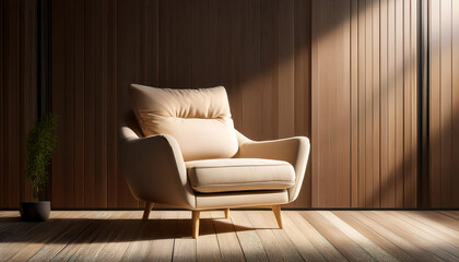  A minimalist room features a beige armchair against dark wooden panel walls in soft sunligh_1(128)