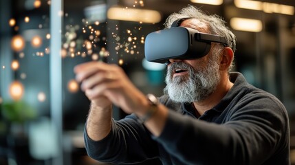 An elderly man, donning a VR headset, delightfully interacts with sparks in a virtual world, highlighting the universal appeal and excitement of virtual reality.
