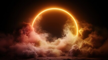 Fototapeta premium A magnificent celestial eclipse highlighted by a bright, illuminating ring enveloped in vibrant clouds, depicting a heavenly spectacle in the expansive night sky.