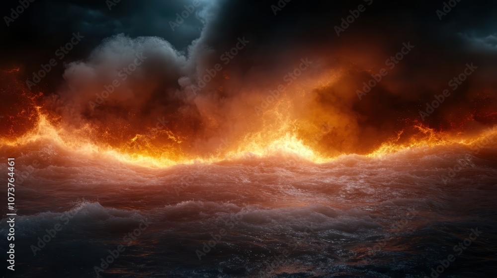 Poster a surreal depiction of ocean waves clashing with fiery elements, creating a vibrant and otherworldly